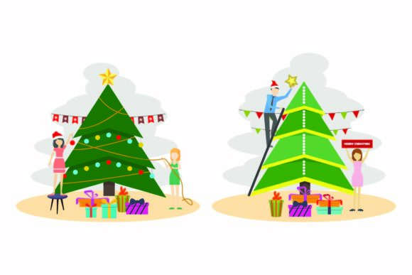Christmas Party Decorative Tree Set Illustrations